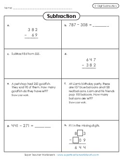 Subtraction Variety (3-digit) 3rd Grade Math Worksheet