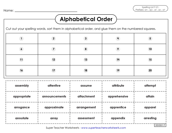 Alphabetical Order: Cut-Glue (F-21)