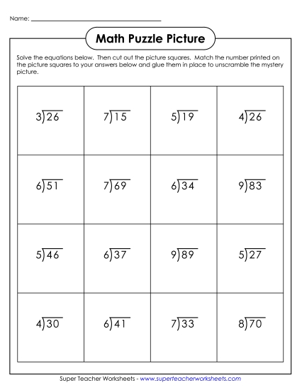 Division w/ Remainders (1-Digit Quotients): Cut-and-Glue Mystery Puzzle Worksheet
