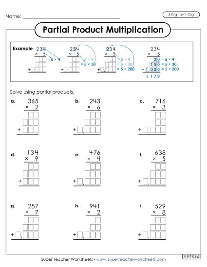 Partial Products Multiplication: 3-Digit by 1-Digit
