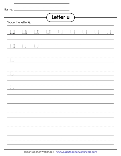 Lowercase u (Smaller Font Size) Alphabet Worksheet