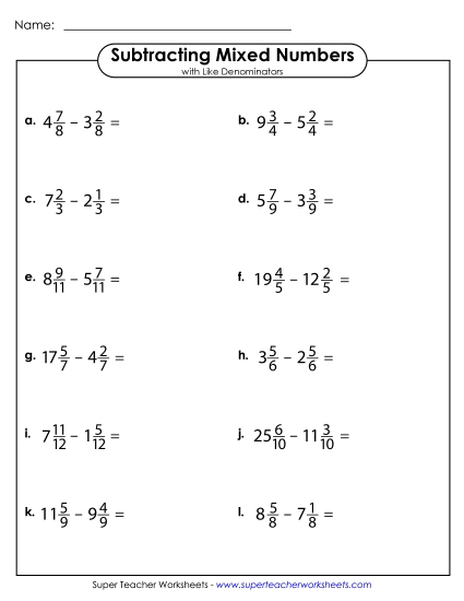 Subtracting Mixed Numbers with Like Denominators (Horizontal)