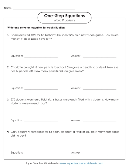 Word Problems: One-Step Equations (Basic)