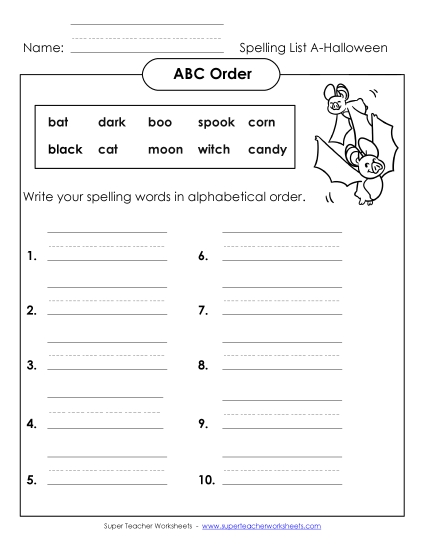 ABC Order: Write List (A-Halloween)  Spelling A Worksheet