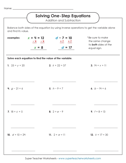 Solving One Step Equations: Basic<br>(Addition & Subtraction)