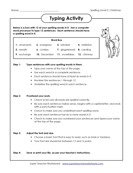Typing Sentences (D-Christmas) Spelling D Worksheet