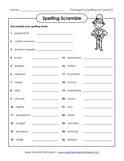 Unscramble (D-Thanksgiving) Spelling D Worksheet