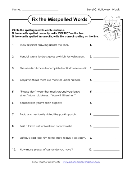 Fix the Misspelled Words (C-Halloween)  Spelling C Worksheet