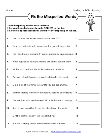Fix the Misspelled Word (D-Thanksgiving) Spelling D Worksheet