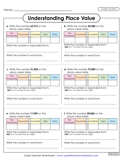 Understanding Place Value (5 Digits)<br>Worksheet 2