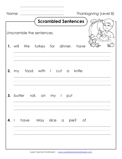 Scrambled Sentences (B-Thanksgiving)  Spelling B Worksheet