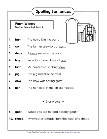Spelling Test Sentences (A-Farm Words) 
