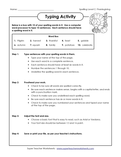 Typing Sentences (C-Thanksgiving)  Spelling C Worksheet
