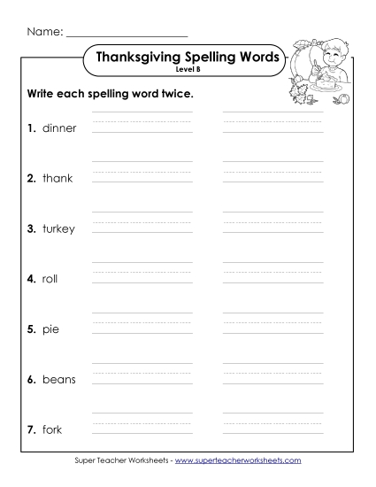 Write Twice (B-Thanksgiving)  Spelling B Worksheet