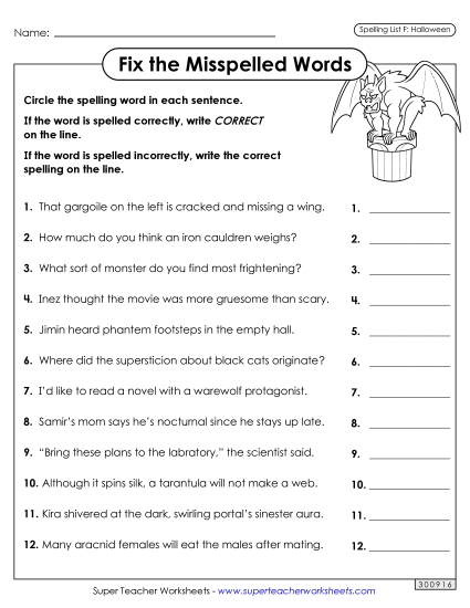 Correct or Incorrect? (Halloween) Free Spelling F Worksheet