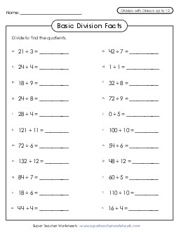 Basic Division Fact Practice 3rd Grade Math Worksheet
