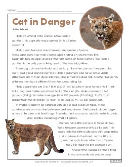 Cat in Danger (Nonfiction) 5th Grade Reading Comprehension ELA Worksheet