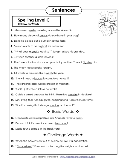 Spelling Test Sentences (C-Halloween)  Spelling C Worksheet