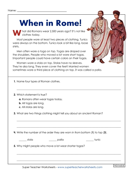 Ancient Roman Clothing (Short Reading Comp)