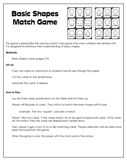Shape Matching Game Geometry Worksheet