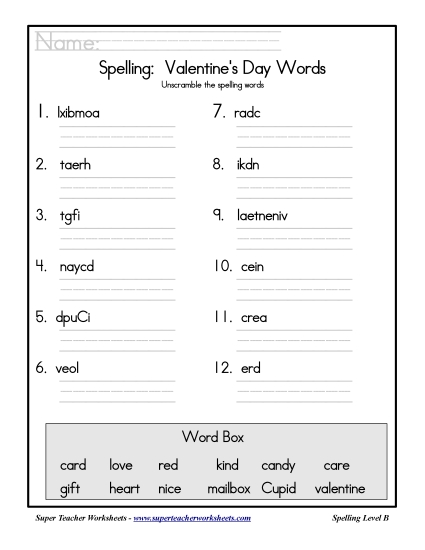 Holiday List - Valentine\'s Day: Unscramble
