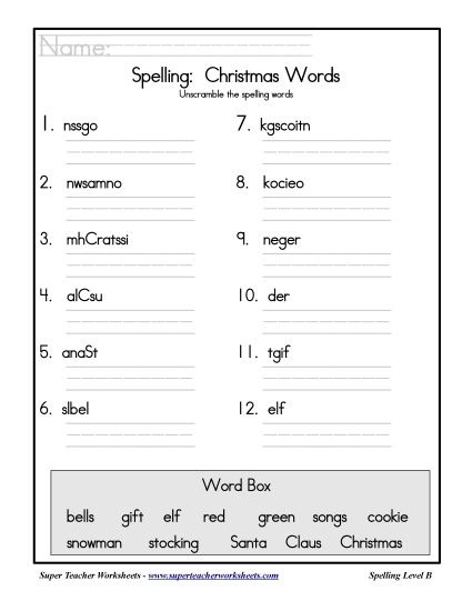 Holiday List - Christmas: Unscramble