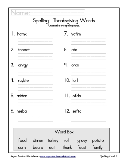 Holiday List - Thanksgiving: Unscramble