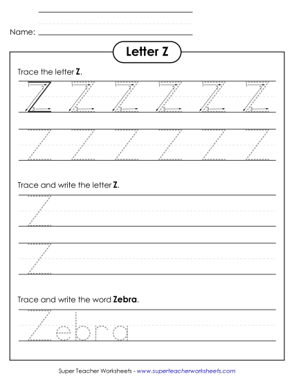 Uppercase Z (Tracing Dotted Line) Printing Worksheet