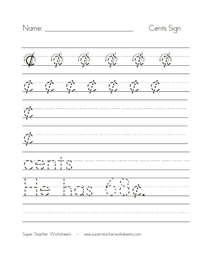 Cents Sign Printing Worksheet