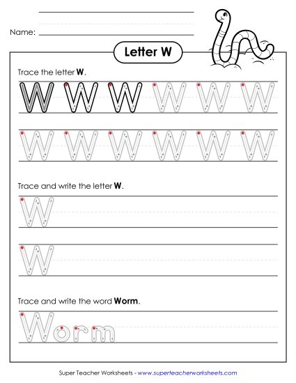 Uppercase W (Outlined Letters) Printing Handwriting Worksheet