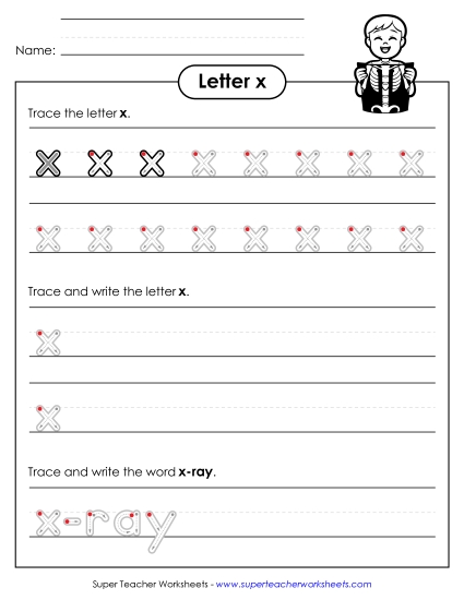 Lowercase x (Outlined Letters) Printing Handwriting Worksheet