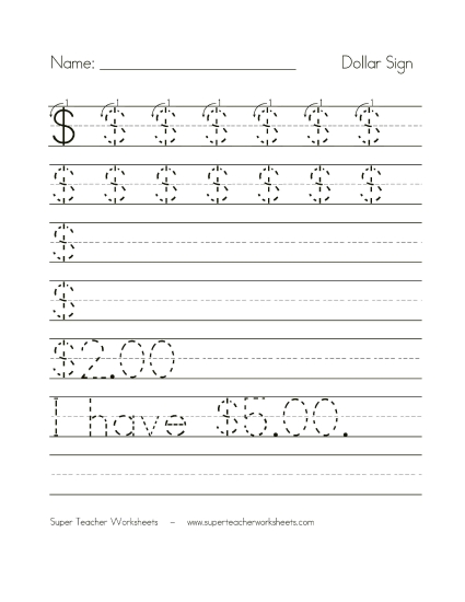 Dollar Sign $ Printing Worksheet
