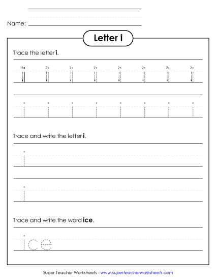 Lowercase i (Tracing Dotted Line) Printing Worksheet