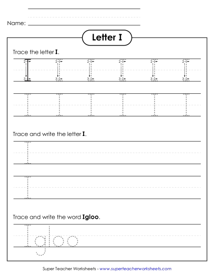 Uppercase I (Tracing Dotted Line) Printing Worksheet
