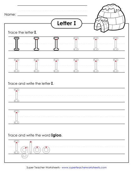 Uppercase I (Outlined Letters) Printing Handwriting Worksheet