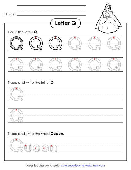 Uppercase Q (Outlined Letters) Printing Handwriting Worksheet