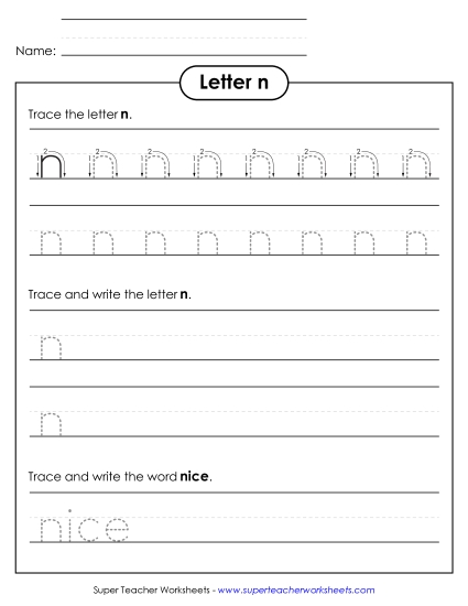 Lowercase n (Tracing Dotted Line) Printing Worksheet