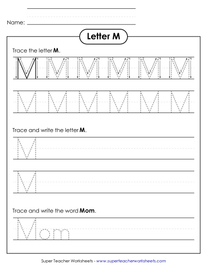 Uppercase M (Tracing Dotted Line) Printing Worksheet