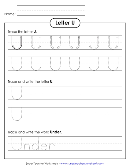 Uppercase U (Tracing Dotted Line) Printing Worksheet