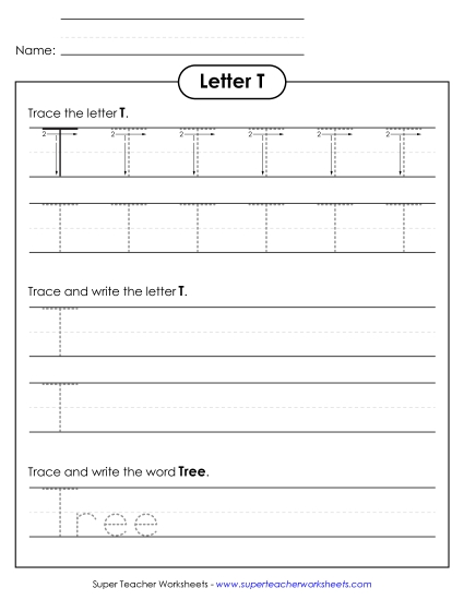 Uppercase T (Tracing Dotted Line) Printing Worksheet
