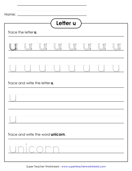 Lowercase u (Tracing Dotted Line) Printing Worksheet