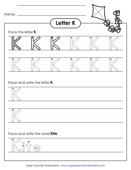 Uppercase K (Outlined Letters) Printing Handwriting Worksheet