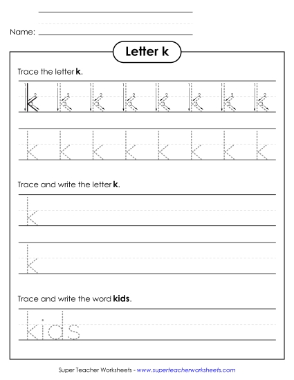 Lowercase k (Tracing Dotted Line) Printing Worksheet