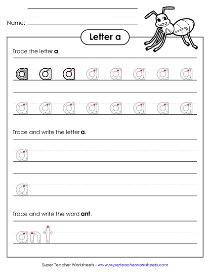 Lowercase a (Outlined Letters) Free Printing Handwriting Worksheet