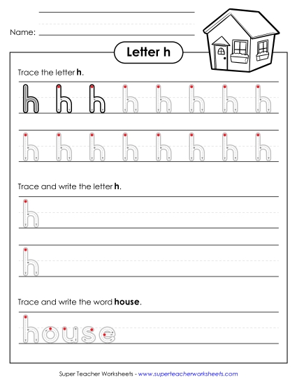 Lowercase h (Outlined Letters) Printing Handwriting Worksheet