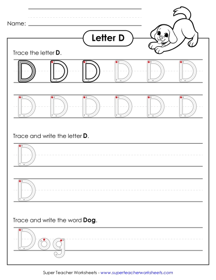 Uppercase D (Outlined Letters) Printing Handwriting Worksheet