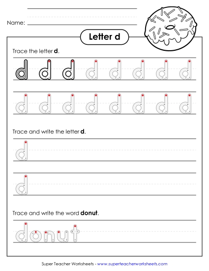 Lowercase d (Outlined Letters) Printing Handwriting Worksheet