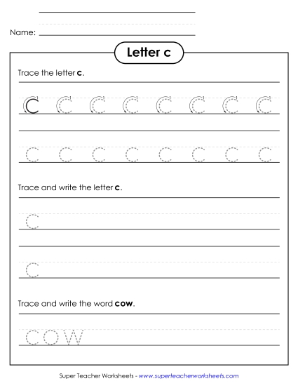 Lowercase c (Tracing Dotted Line) Printing Worksheet