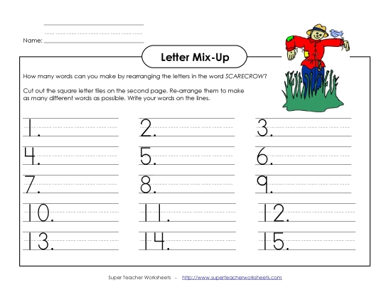 Letter Mix-Up: Scarecrow (Primary) Fall Worksheet