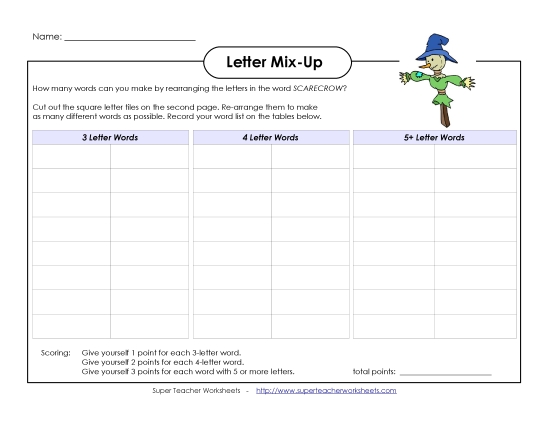 Letter Mix Up: Scarecrow (Intermediate) Fall Worksheet